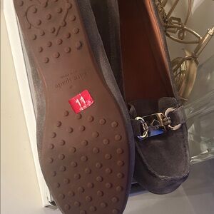 kate spade gray suede loafers with gold hardware accents